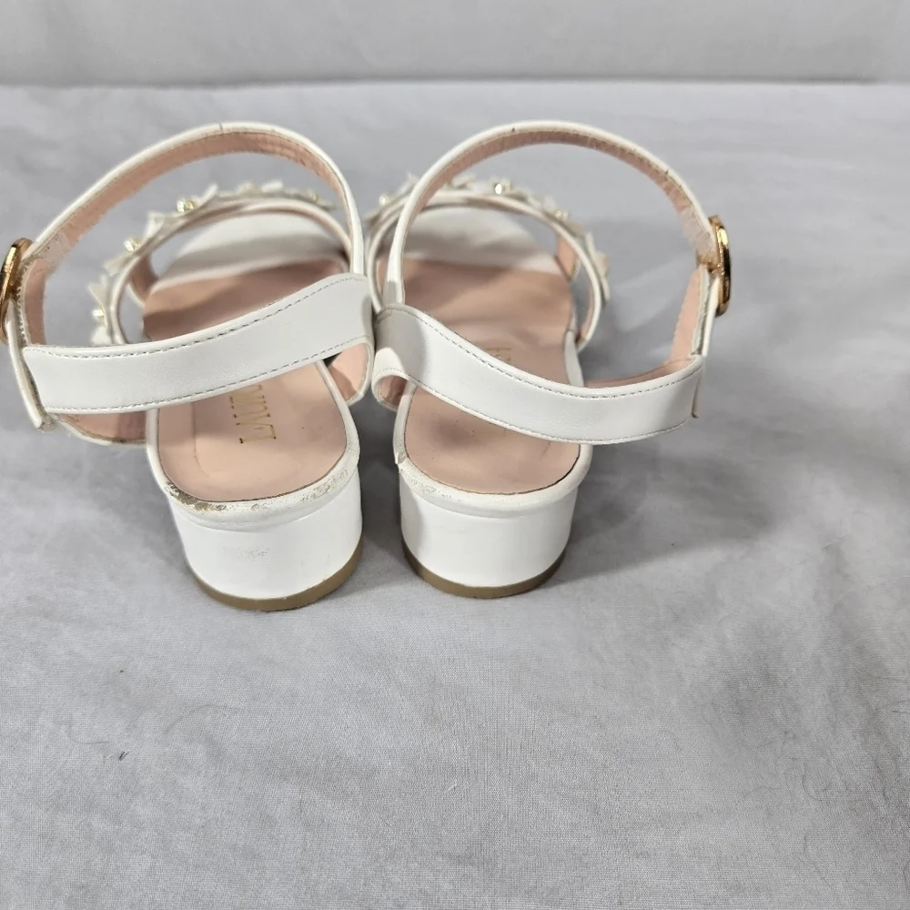 Laurmosa Girls' Open-Toe Floral Sandals with Ankle Strap Size 1 White Faux Pearl